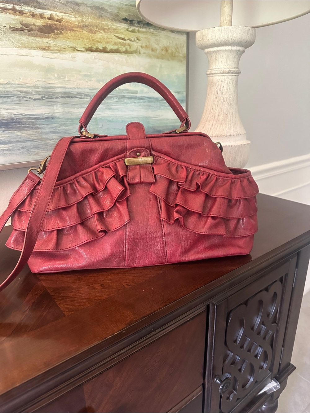 Red Ruffle Leather Satchel Handbag - Jessica Simpson
